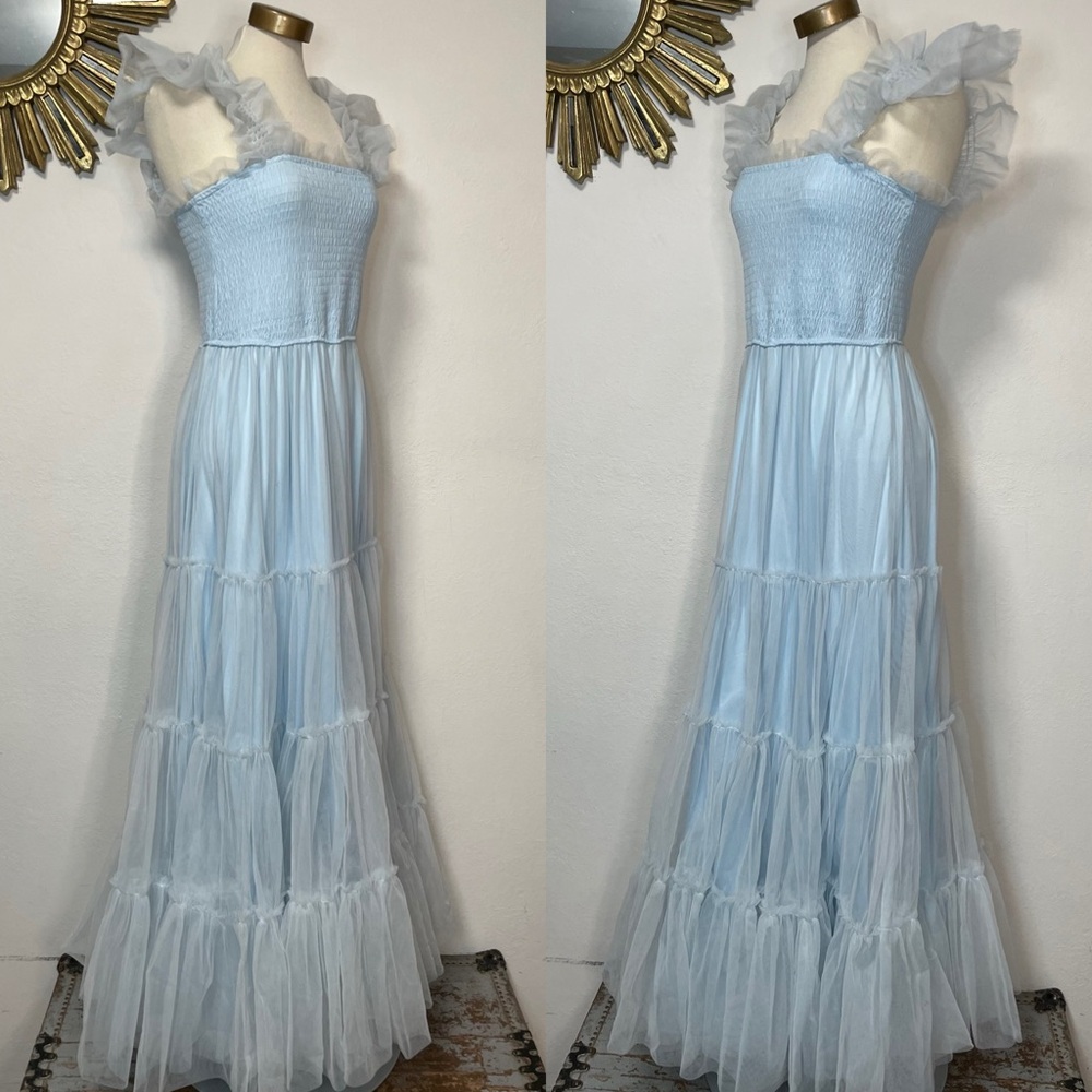 Mable Fiori Light Blue Tulle Tiered Maxi Dress - Picture 3 of 10